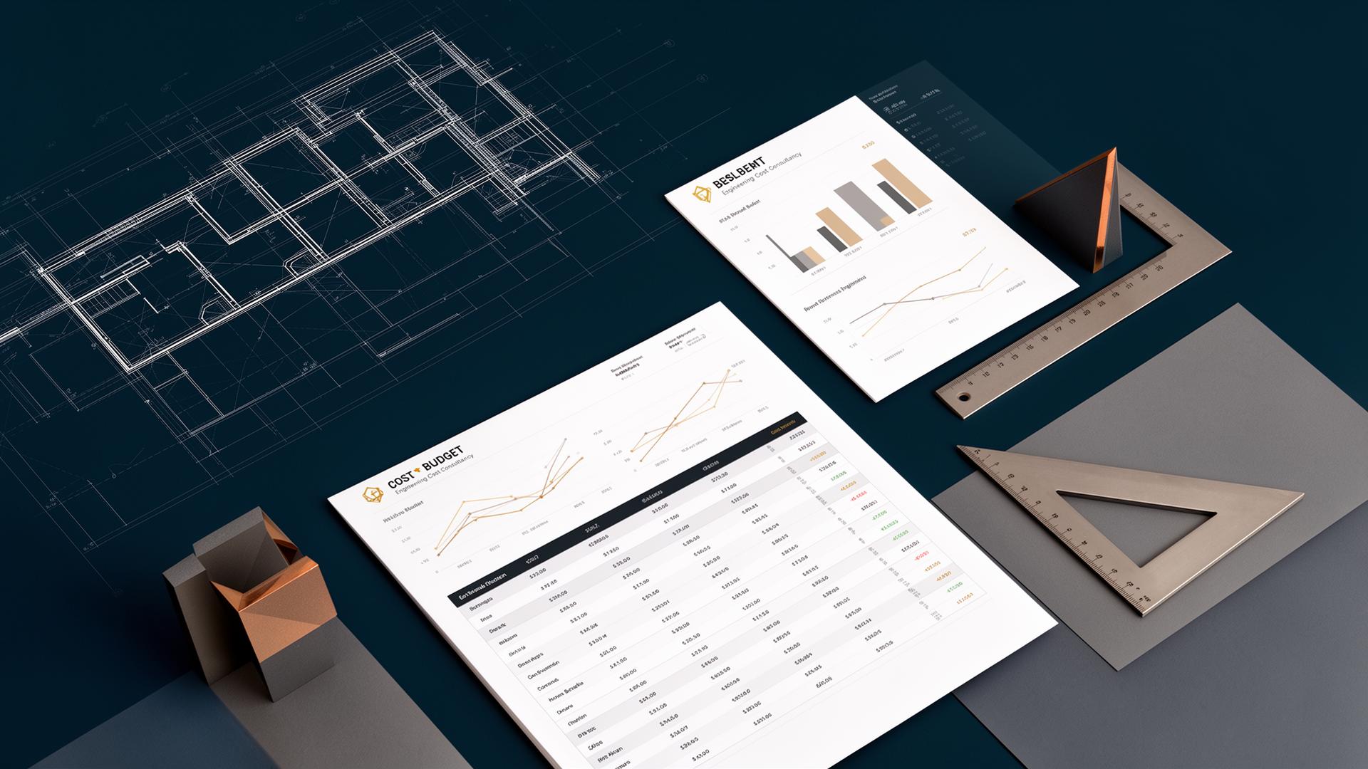 Planos arquitectónicos junto a dashboard de costos y tabla de presupuesto